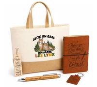 Planetee Coffret Cadeau Juste un gars qui adore les lynx | Sac Cabas Coton et Jute 18 L, Carnet, Stylo Bambou, Porte-Clés, Marque-Page | 5 Pièces Gravées | Anniversaire Noël Amoureux des Animaux
