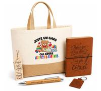 Planetee Coffret Cadeau Juste un gars qui adore les petits-enfants | Sac Cabas Coton et Jute 18 L, Carnet, Stylo Bambou, Porte-Clés, Marque-Page | 5 Pièces Gravées | Anniversaire Noël Papi