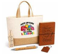 Planetee Coffret Cadeau Juste un gars qui adore les soldes | Sac Cabas Coton et Jute 18 L, Carnet, Stylo Bambou, Porte-Clés, Marque-Page | 5 Pièces Gravées | Anniversaire Noël Fashionista
