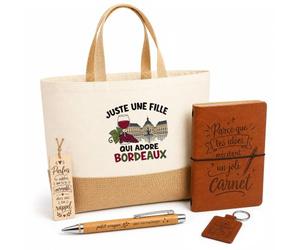Planetee Coffret Cadeau Juste une fille qui adore Bordeaux | Sac Cabas Coton et Jute 18 L, Carnet, Stylo Bambou, Porte-Clés, Marque-Page | 5 Pièces Gravées | Anniversaire Noël Bordelaise