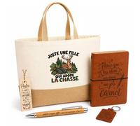 Planetee Coffret Cadeau Juste une fille qui adore la chasse | Sac Cabas Coton et Jute 18 L, Carnet, Stylo Bambou, Porte-Clés, Marque-Page | 5 Pièces Gravées | Anniversaire Noël Chasseuse