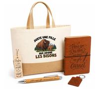 Planetee Coffret Cadeau Juste une fille qui adore les bisons | Sac Cabas Coton et Jute 18 L, Carnet, Stylo Bambou, Porte-Clés, Marque-Page | 5 Pièces Gravées | Anniversaire Noël Amoureuse des Animaux
