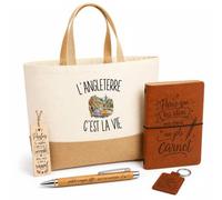 Planetee Coffret Cadeau L’Angleterre c’est la vie | Sac Cabas Coton et Jute 18 L, Carnet, Stylo Bambou, Porte-Clés, Marque-Page | 5 Pièces Gravées | Anniversaire Noël Anglais Anglaise