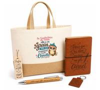 Planetee Coffret Cadeau La Conductrice de Train Chouette Grain | Sac Cabas Coton et Jute 18 L, Carnet, Stylo Bambou, Porte-Clés, Marque-Page | 5 Pièces Gravées | Anniversaire Noël