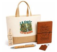 Planetee Coffret Cadeau La Forêt C'est Ma Thérapie | Sac Cabas Coton et Jute 18 L, Carnet, Stylo Bambou, Porte-Clés, Marque-Page | 5 Pièces Gravées | Anniversaire Noël