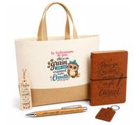 Planetee Coffret Cadeau La Gestionnaire de Paie Chouette Grain | Sac Cabas Coton et Jute 18 L, Carnet, Stylo Bambou, Porte-Clés, Marque-Page | 5 Pièces Gravées | Anniversaire Noël