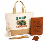 Planetee Coffret Cadeau Le Matcha C'est Ma Thérapie | Sac Cabas Coton et Jute 18 L, Carnet, Stylo Bambou, Porte-Clés, Marque-Page | 5 Pièces Gravées | Anniversaire Noël