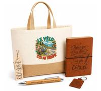 Planetee Coffret Cadeau Le Vélo C'est Ma Thérapie | Sac Cabas Coton et Jute 18 L, Carnet, Stylo Bambou, Porte-Clés, Marque-Page | 5 Pièces Gravées | Anniversaire Noël