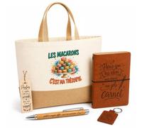 Planetee Coffret Cadeau Les Macarons C'est Ma Thérapie | Sac Cabas Coton et Jute 18 L, Carnet, Stylo Bambou, Porte-Clés, Marque-Page | 5 Pièces Gravées | Anniversaire Noël