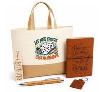 Planetee Coffret Cadeau Les Mots Croisés C'est Ma Thérapie | Sac Cabas Coton et Jute 18 L, Carnet, Stylo Bambou, Porte-Clés, Marque-Page | 5 Pièces Gravées | Anniversaire Noël