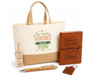 Planetee Coffret Cadeau Les Vraies Héroines Sont Maîtres d'Hôtel | Sac Cabas Coton et Jute 18 L, Carnet, Stylo Bambou, Porte-Clés, Marque-Page | 5 Pièces Gravées | Anniversaire Noël