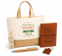 Planetee Coffret Cadeau Les Vraies Héroines Sont Prof de Karaté | Sac Cabas Coton et Jute 18 L, Carnet, Stylo Bambou, Porte-Clés, Marque-Page | 5 Pièces Gravées | Anniversaire Noël