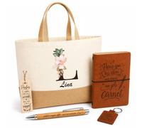 Planetee Coffret Cadeau Lina | Sac Cabas Coton et Jute 18 L, Carnet, Stylo Bambou, Porte-Clés, Marque-Page | 5 Pièces Gravées | Anniversaire Noël