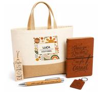 Planetee Coffret Cadeau Luca Exceptionnel | Sac Cabas Coton et Jute 18 L, Carnet, Stylo Bambou, Porte-Clés, Marque-Page | 5 Pièces Gravées | Anniversaire Noël