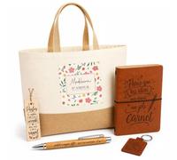 Planetee Coffret Cadeau Madeleine d'Amour Fleurs | Sac Cabas Coton et Jute 18 L, Carnet, Stylo Bambou, Porte-Clés, Marque-Page | 5 Pièces Gravées | Anniversaire Noël