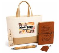 Planetee Coffret Cadeau Marie-Christine Flower Power | Sac Cabas Coton et Jute 18 L, Carnet, Stylo Bambou, Porte-Clés, Marque-Page | 5 Pièces Gravées | Anniversaire Noël