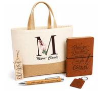 Planetee Coffret Cadeau Marie-Claude | Sac Cabas Coton et Jute 18 L, Carnet, Stylo Bambou, Porte-Clés, Marque-Page | 5 Pièces Gravées | Anniversaire Noël