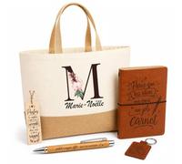 Planetee Coffret Cadeau Marie-Noëlle | Sac Cabas Coton et Jute 18 L, Carnet, Stylo Bambou, Porte-Clés, Marque-Page | 5 Pièces Gravées | Anniversaire Noël