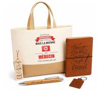 Planetee Coffret Cadeau Marraine Médecin | Sac Cabas Coton et Jute 18 L, Carnet, Stylo Bambou, Porte-Clés, Marque-Page | 5 Pièces Gravées | Anniversaire Noël