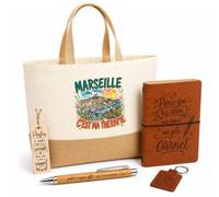 Planetee Coffret Cadeau Marseille C'est Ma Thérapie | Sac Cabas Coton et Jute 18 L, Carnet, Stylo Bambou, Porte-Clés, Marque-Page | 5 Pièces Gravées | Anniversaire Noël