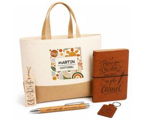 Planetee Coffret Cadeau Martin Exceptionnel | Sac Cabas Coton et Jute 18 L, Carnet, Stylo Bambou, Porte-Clés, Marque-Page | 5 Pièces Gravées | Anniversaire Noël