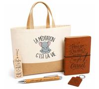 Planetee Coffret Cadeau Méditation Éléphant C'est la Vie | Sac Cabas Coton et Jute 18 L, Carnet, Stylo Bambou, Porte-Clés, Marque-Page | 5 Pièces Gravées | Anniversaire Noël