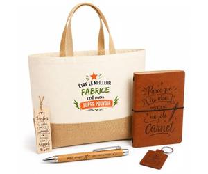Planetee Coffret Cadeau Meilleur Fabrice Super Pouvoir | Sac Cabas Coton et Jute 18 L, Carnet, Stylo Bambou, Porte-Clés, Marque-Page | 5 Pièces Gravées | Anniversaire Noël