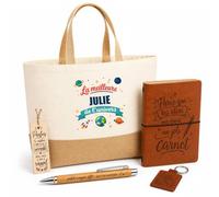 Planetee Coffret Cadeau Meilleure Julie de l'Univers | Sac Cabas Coton et Jute 18 L, Carnet, Stylo Bambou, Porte-Clés, Marque-Page | 5 Pièces Gravées | Anniversaire Noël