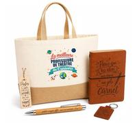 Planetee Coffret Cadeau Meilleure Professeure de Théâtre de l'Univers | Sac Cabas Coton et Jute 18 L, Carnet, Stylo Bambou, Porte-Clés, Marque-Page | 5 Pièces Gravées | Anniversaire Noël