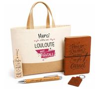 Planetee Coffret Cadeau Merci Louloute Géniale | Sac Cabas Coton et Jute 18 L, Carnet, Stylo Bambou, Porte-Clés, Marque-Page | 5 Pièces Gravées | Anniversaire Noël