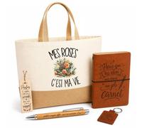 Planetee Coffret Cadeau Mes roses c'est ma vie | Sac Cabas Coton et Jute 18 L, Carnet, Stylo Bambou, Porte-Clés, Marque-Page | 5 Pièces Gravées | Anniversaire Noël Jardinier Jardinière