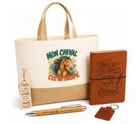 Planetee Coffret Cadeau Mon Cheval C'est Ma Thérapie | Sac Cabas Coton et Jute 18 L, Carnet, Stylo Bambou, Porte-Clés, Marque-Page | 5 Pièces Gravées | Anniversaire Noël