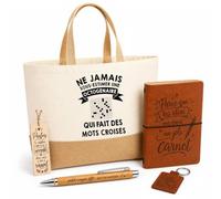 Planetee Coffret Cadeau Mots Croisés Copy Octogénaire Femme | Sac Cabas Coton et Jute 18 L, Carnet, Stylo Bambou, Porte-Clés, Marque-Page | 5 Pièces Gravées | Anniversaire Noël