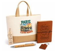 Planetee Coffret Cadeau Paris C'est Ma Thérapie | Sac Cabas Coton et Jute 18 L, Carnet, Stylo Bambou, Porte-Clés, Marque-Page | 5 Pièces Gravées | Anniversaire Noël