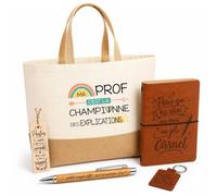 Planetee Coffret Cadeau Prof Explication | Sac Cabas Coton et Jute 18 L, Carnet, Stylo Bambou, Porte-Clés, Marque-Page | 5 Pièces Gravées | Anniversaire Noël