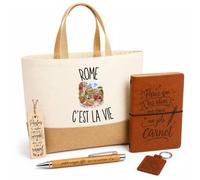 Planetee Coffret Cadeau Rome c’est la vie | Sac Cabas Coton et Jute 18 L, Carnet, Stylo Bambou, Porte-Clés, Marque-Page | 5 Pièces Gravées | Anniversaire Noël Voyageur Voyageuse