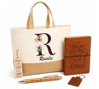 Planetee Coffret Cadeau Rosalie | Sac Cabas Coton et Jute 18 L, Carnet, Stylo Bambou, Porte-Clés, Marque-Page | 5 Pièces Gravées | Anniversaire Noël