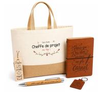 Planetee Coffret Cadeau Sac Dune Cheffe de Projet au Top | Sac Cabas Coton et Jute 18 L, Carnet, Stylo Bambou, Porte-Clés, Marque-Page | 5 Pièces Gravées | Anniversaire Noël