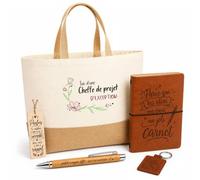 Planetee Coffret Cadeau Sac Dune Cheffe de Projet Dexception | Sac Cabas Coton et Jute 18 L, Carnet, Stylo Bambou, Porte-Clés, Marque-Page | 5 Pièces Gravées | Anniversaire Noël