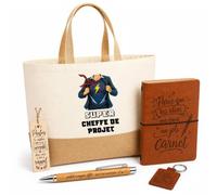 Planetee Coffret Cadeau Super Cheffe de Projet | Sac Cabas Coton et Jute 18 L, Carnet, Stylo Bambou, Porte-Clés, Marque-Page | 5 Pièces Gravées | Anniversaire Noël
