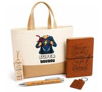 Planetee Coffret Cadeau Super Doudou | Sac Cabas Coton et Jute 18 L, Carnet, Stylo Bambou, Porte-Clés, Marque-Page | 5 Pièces Gravées | Anniversaire Noël