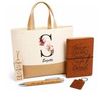 Planetee Coffret Cadeau Suzette Lettre | Sac Cabas Coton et Jute 18 L, Carnet, Stylo Bambou, Porte-Clés, Marque-Page | 5 Pièces Gravées | Anniversaire Noël