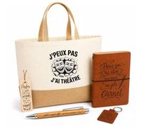 Planetee Coffret Cadeau Théâtre J'peux Pas Design | Sac Cabas Coton et Jute 18 L, Carnet, Stylo Bambou, Porte-Clés, Marque-Page | 5 Pièces Gravées | Anniversaire Noël