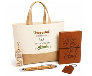 Planetee Coffret Cadeau Tu Seras un Exellente Tata 2 | Sac Cabas Coton et Jute 18 L, Carnet, Stylo Bambou, Porte-Clés, Marque-Page | 5 Pièces Gravées | Anniversaire Noël
