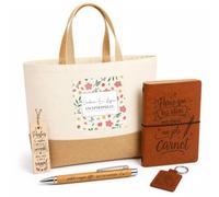 Planetee Coffret Cadeau Vendeuse en Ligne Exceptionnelle Motif Floral | Sac Cabas Coton et Jute 18 L, Carnet, Stylo Bambou, Porte-Clés, Marque-Page | 5 Pièces Gravées | Anniversaire Noël