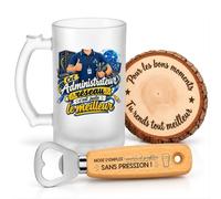 Planetee Coffret Chope de Bière Administrateur Réseau Juste le Meilleur | Verre Givré 470 ml, Décapsuleur Gravé, Sous-Verre Bois | 3 Pièces | Cadeau Collègue Homme Départ Retraite Remerciement