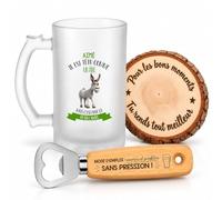 Planetee Coffret Chope de Bière Aimé il est têtu comme un âne mais c'est pour ça qu'on l'adore | Chope Verre Givré 470 ml, Décapsuleur Gravé, Dessous de Verre Bois | 3 Pièces