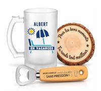 Planetee Coffret Chope de Bière Albert en Vacances | Verre Givré 470 ml, Décapsuleur Gravé, Sous-Verre Bois | 3 Pièces | Cadeau Homme Anniversaire Fête Noël Original