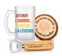 Planetee Coffret Chope de Bière Arthur Mythe Légende | Verre Givré 470 ml, Décapsuleur Gravé, Sous-Verre Bois | 3 Pièces | Cadeau Noël Homme Anniversaire Fête Original