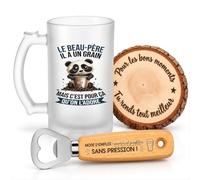 Planetee Coffret Chope de Bière Beau-Père a un Grain | Chope Verre Givré 470 ml, Décapsuleur Gravé, Dessous de Verre Bois | 3 Pièces | Cadeau Fête des Pères Anniversaire Noël